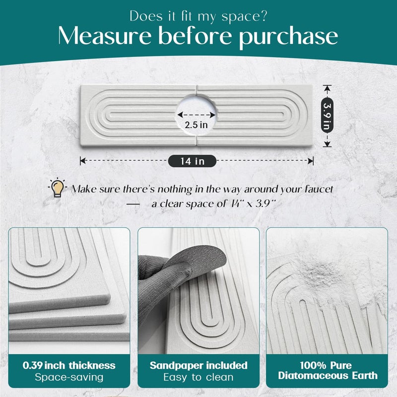 eormoe Diatomite Kitchen Faucet Mat - 14Inch Water Absorbing Stone Tray for Sink, Stone Fast-Drying Faucet Mat for Kitchen Counter Sink Accessories (Light Grey, 14'' x 3.9'') - Image 2